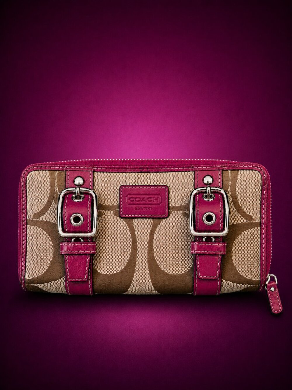 COACH Signature Monogram Pink Zip Around Continental Wallet